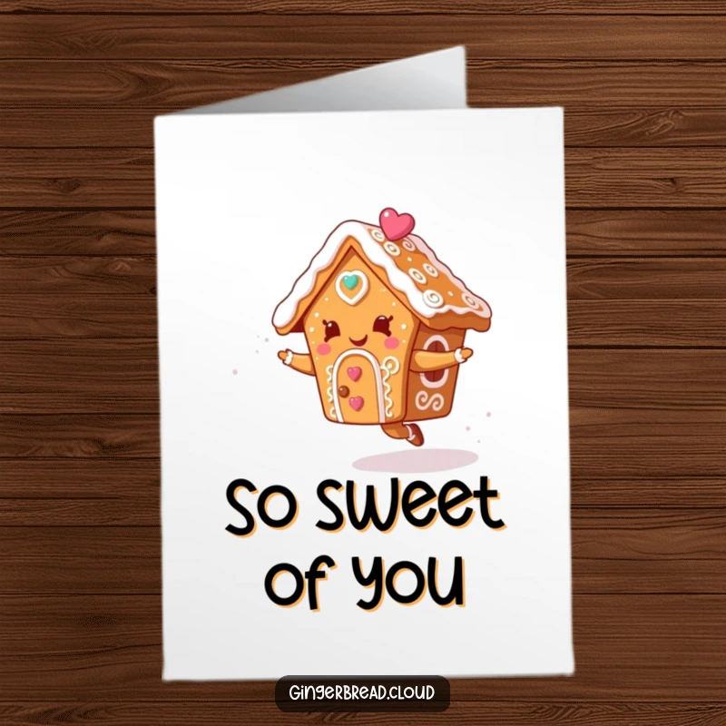 Fun Free Printable Thank You Card featuring a dancing gingerbread house character saying thanks.