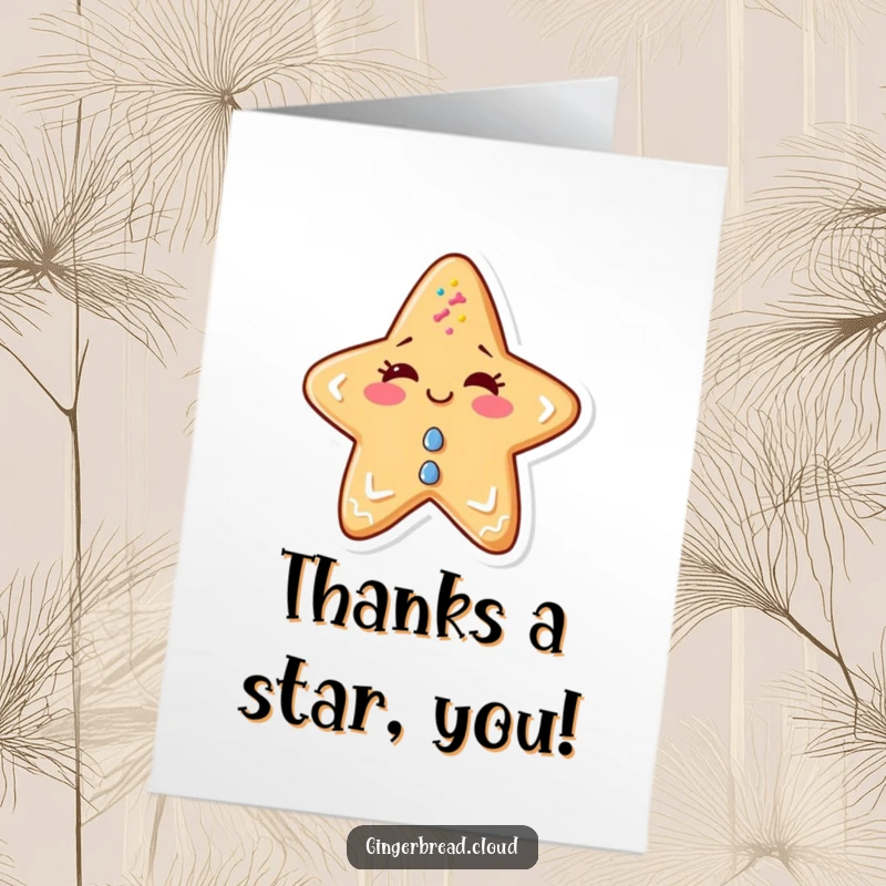 Funny Free Printable Thank You Card: A gingerbread star with sprinkles winks with playful gratitude.