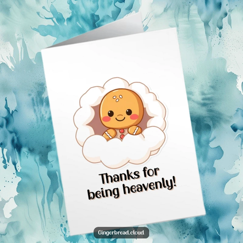 Funny Free Printable Thank You Card: A gingerbread character peeks from a cloud, offering a warm greeting.