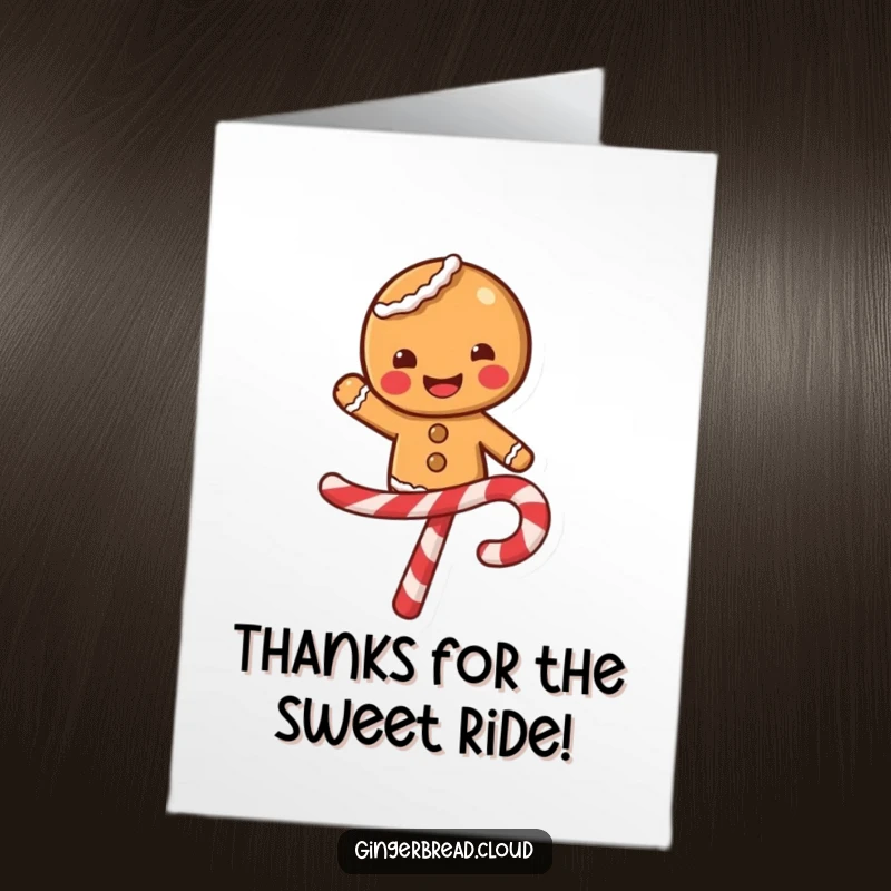 Funny Free Printable Thank You Card featuring a smiling gingerbread character balancing on a swirling candy cane.