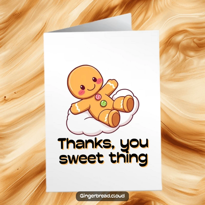 Funny Free Printable Thank You Card: Gingerbread man with candy buttons playfully sliding down a cloud, a sweet thank you!