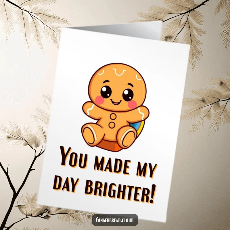 Funny free printable thank you card: A gingerbread character with huge eyes slides down a colorful rainbow, spreading cheer.