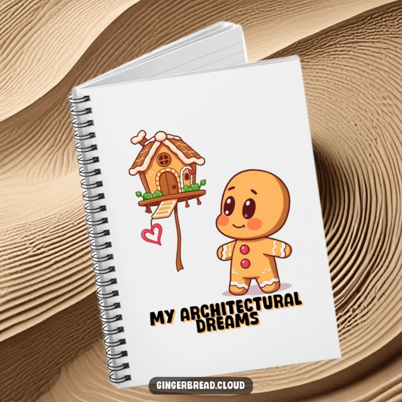 Gingerbread man with big eyes looking up at a floating gingerbread house, on a notebook cover for imaginative writing.