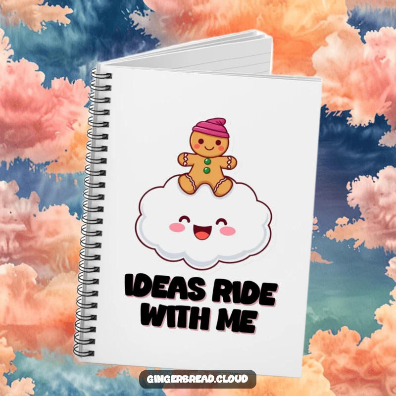Funny notebook cover depicting a cheerful cloud character carrying a gingerbread man through a bright sky.