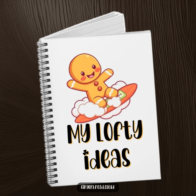 Funny gingerbread man surfing on a cloud, featured on the cover of a notebook for creative writing.