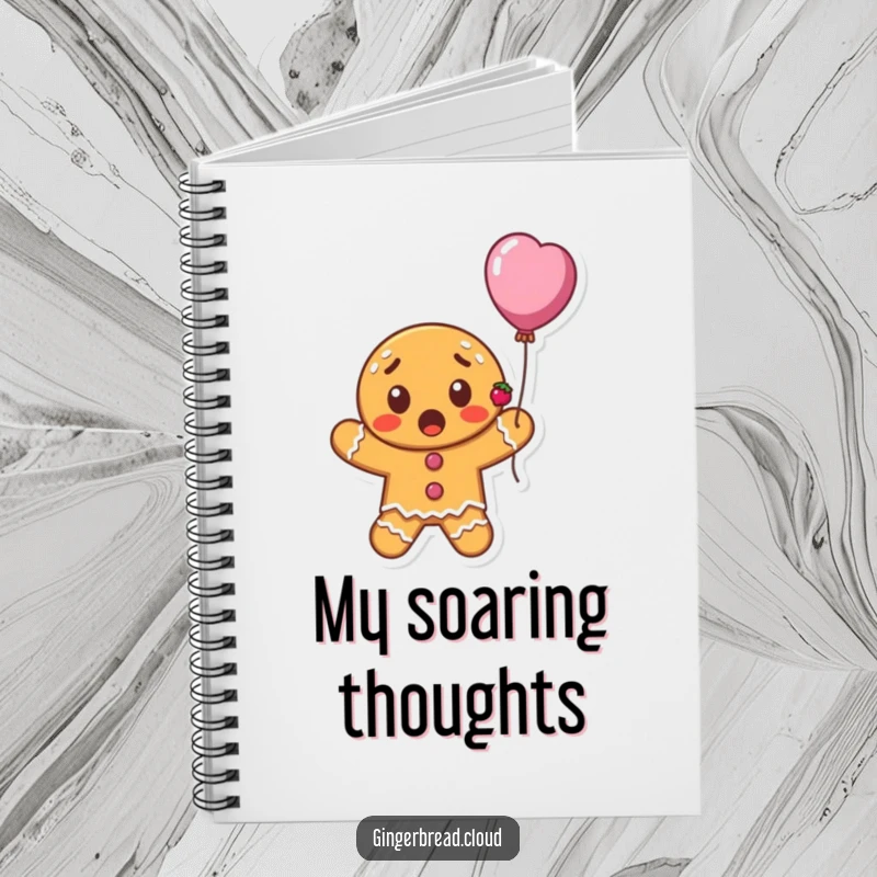 Funny surprised gingerbread cookie character with currants floating upwards on a balloon, whimsical notebook, cheerful and inspiring cover design.