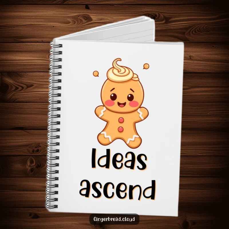 Funny notebook featuring a happy gingerbread person with icing swirls, floating upwards, perfect for note-taking.
