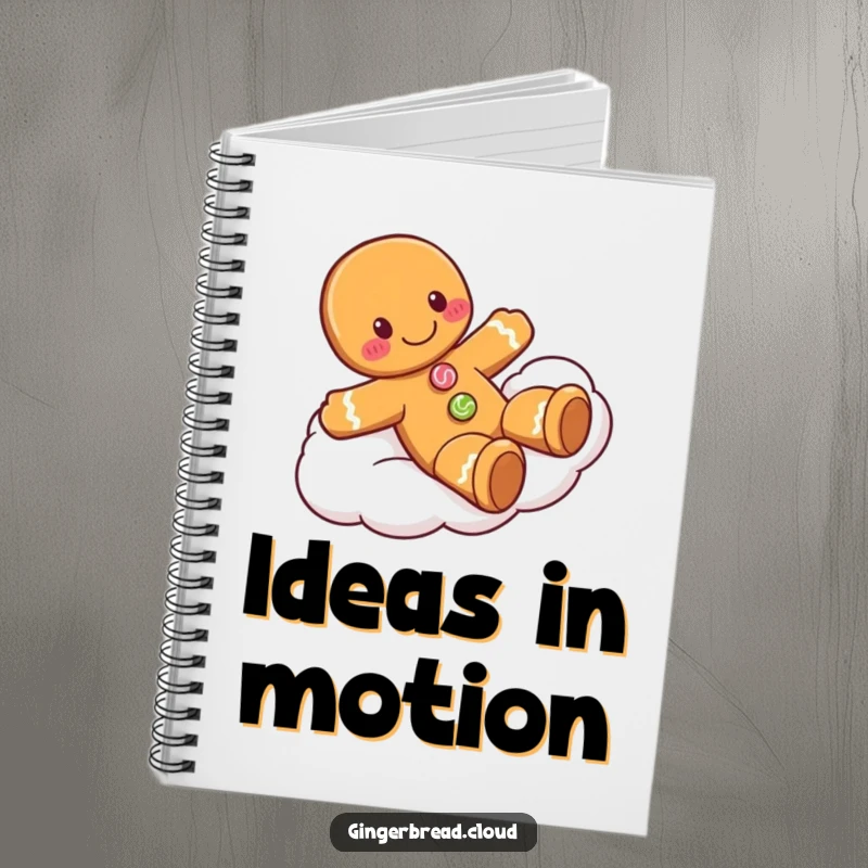 Funny gingerbread man notebook with a smiling character sliding down a cloud, perfect for jotting down playful thoughts and creative ideas.