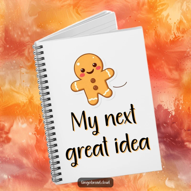 Funny notebook with a smiling gingerbread cookie floating on a wind gust, ideal for creative writing and note-taking.