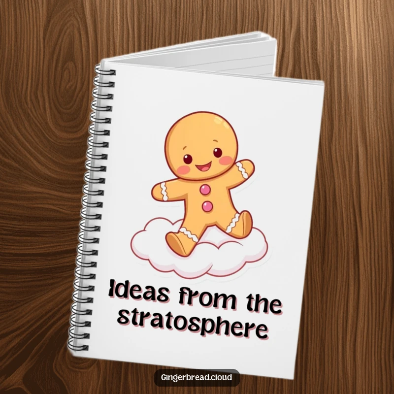 Funny notebook featuring a cheerful gingerbread person skipping on a cloud, perfect for jotting down notes with a smile.