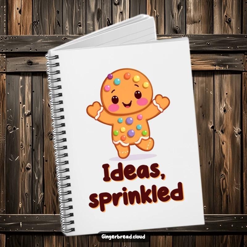 Funny Notebook with a cheerful gingerbread man covered in candy dots, joyfully hopping, perfect for notes and doodles.