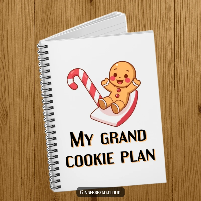 Funny notebook with a gingerbread cookie sliding down a candy cane, ideal for jotting down fun ideas.