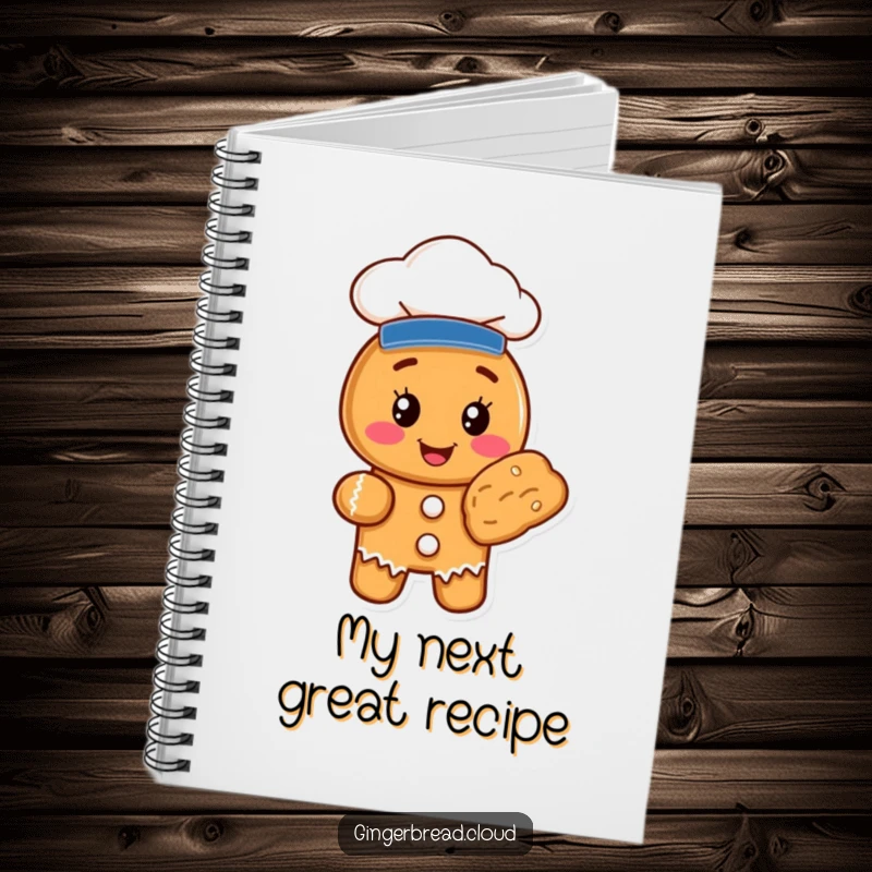 Funny gingerbread cookie chef character on a notebook cover, perfect for jotting down recipes or daily thoughts.