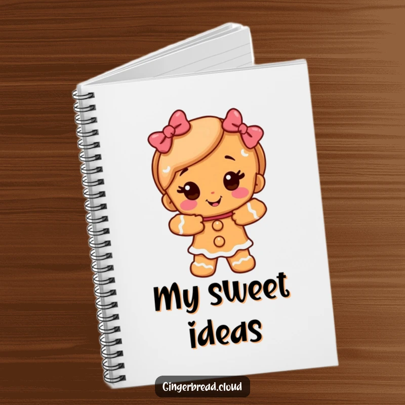 Funny gingerbread girl character offering a warm hug, featured on the cover of a notebook for sweet thoughts.