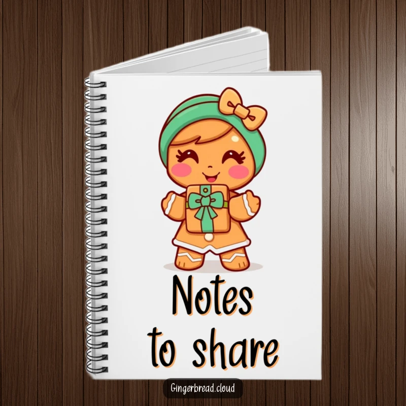 Funny gingerbread woman notebook with a cheerful character offering a cookie gift, perfect for jotting down kind thoughts and sweet ideas.