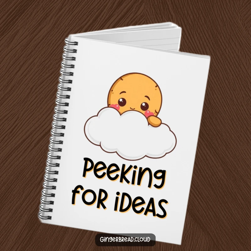 Funny gingerbread character peeking from a soft cloud, on the cover of a lined notebook.