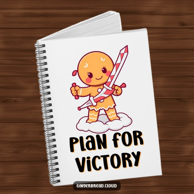 Funny notebook with a determined gingerbread person holding a candy cane sword, standing on a cloud.