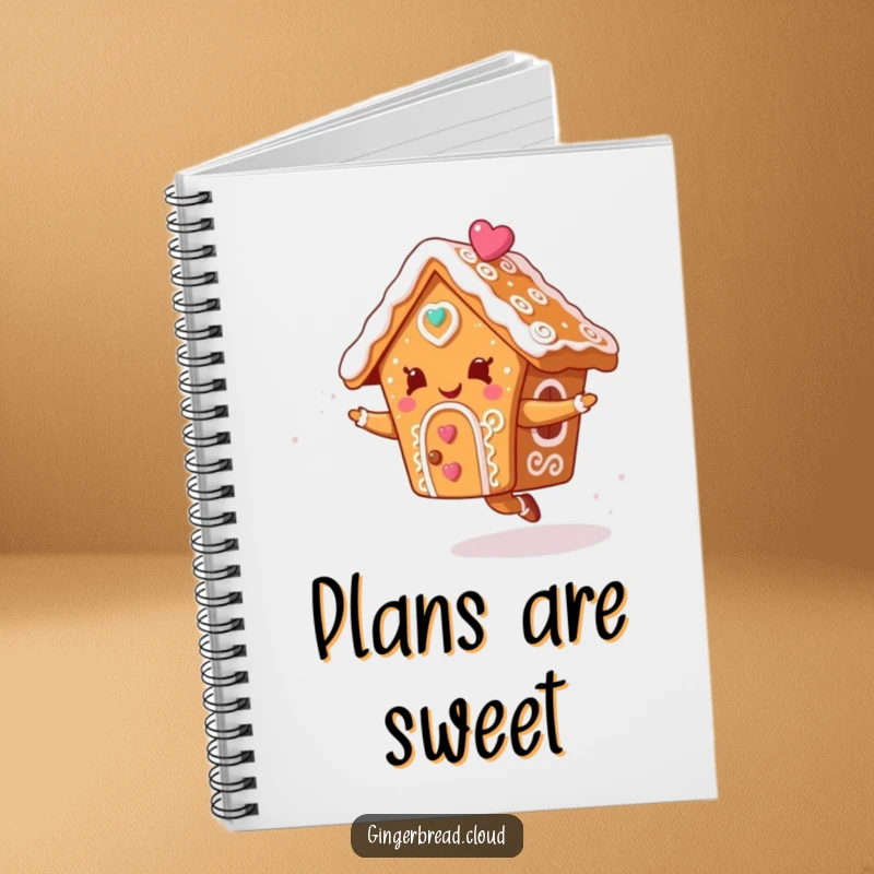 Funny notebook with a gingerbread house character dancing merrily against a backdrop of icing swirls, ideal for journaling sweet ideas.