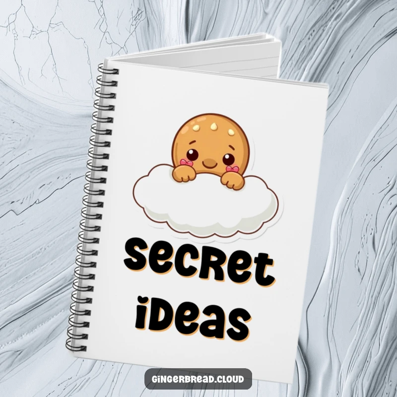 Funny notebook with a gingerbread character peeking from a cloud, ideal for writing down sweet thoughts and playful ideas.