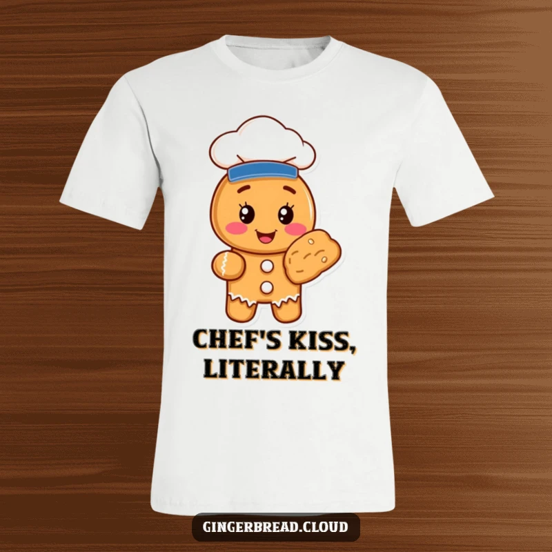 Funny gingerbread cookie character wearing a chef hat, presenting a baked good, on a comfortable tee, perfect for food lovers.
