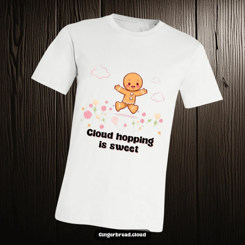 Funny gingerbread person playfully skipping through a field of candy clouds, whimsical t-shirt, cheerful and sweet design.