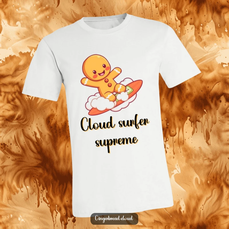 Funny gingerbread man character grinning while surfing on a cloud surfboard, featured on a cool t-shirt.
