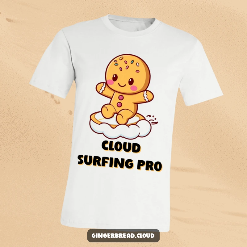Funny T-Shirt: Cute gingerbread cookie with sprinkles joyfully surfing on a cloud as if it were a surfboard.
