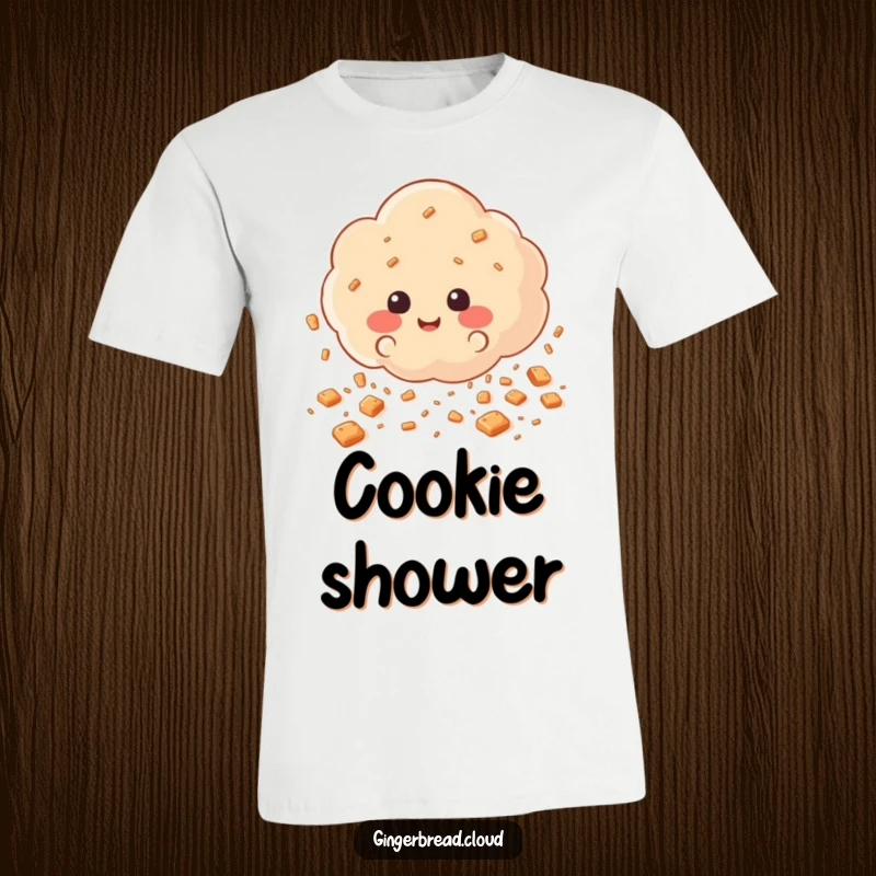 Funny T-Shirt depicting a cloud scattering happy gingerbread cookie crumbs like rain, a whimsical and humorous food-themed design.