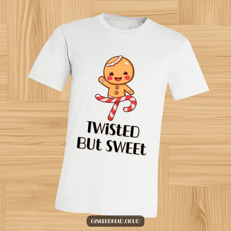 Funny gingerbread character with a wide smile balancing on a swirling candy cane, festive t-shirt, cheerful and playful design.