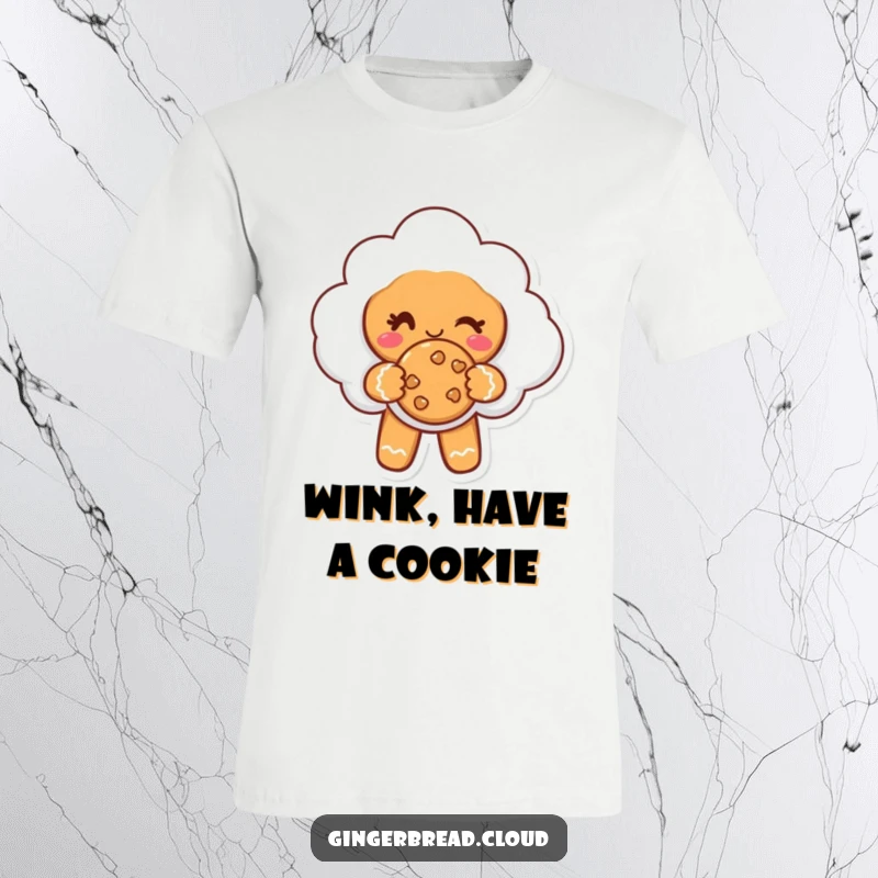 Funny t-shirt with a gingerbread cloud character winking and presenting a cookie, perfect for sharing smiles.