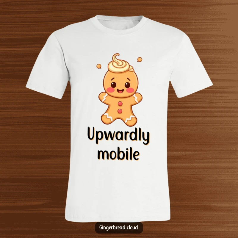 Funny t-shirt with a happy gingerbread person adorned with icing swirls, gracefully floating upwards.