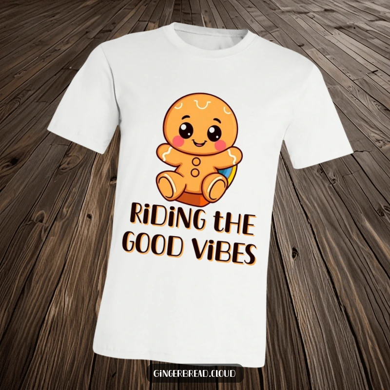 Funny t-shirt featuring a cheerful gingerbread character with big eyes, happily sliding down a colorful rainbow.