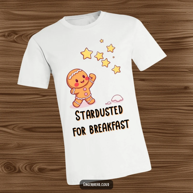 Funny gingerbread character attempting to catch falling sugar stars, whimsical star chasing t-shirt, magical and ambitious design.