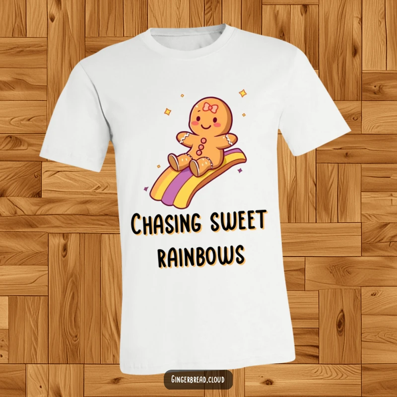 Funny t-shirt with a gingerbread character joyfully sliding down a vibrant rainbow, capturing pure excitement and happiness.