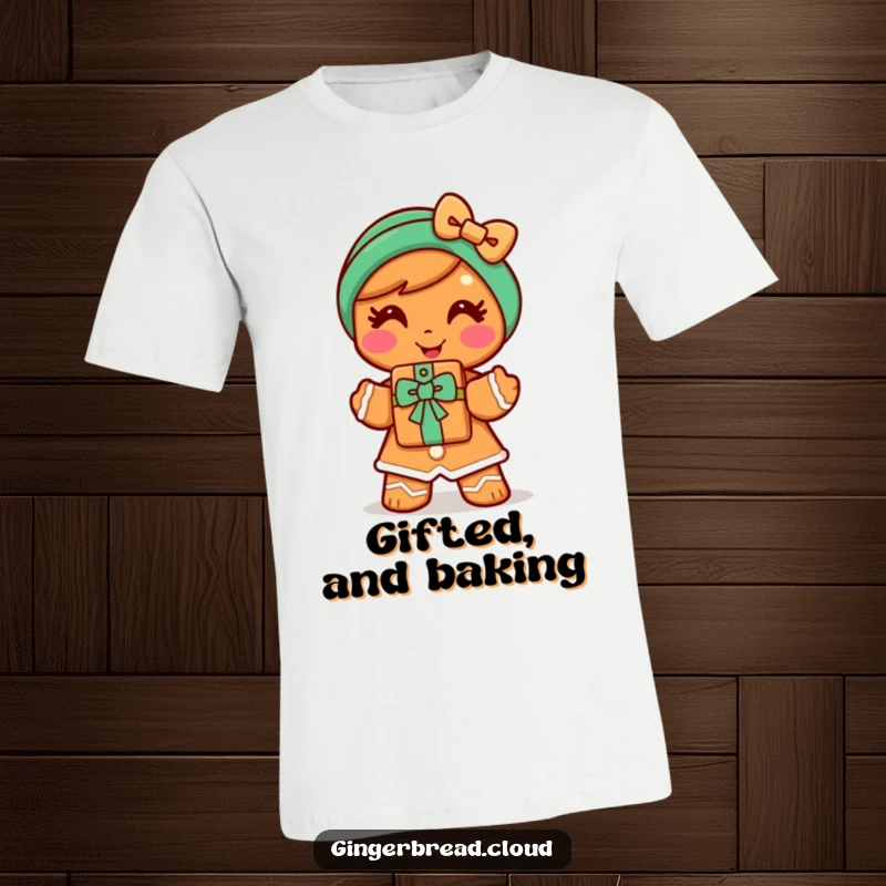 Funny gingerbread woman t-shirt featuring a cheerful character offering a cookie gift with a smile, radiating warmth and generosity.