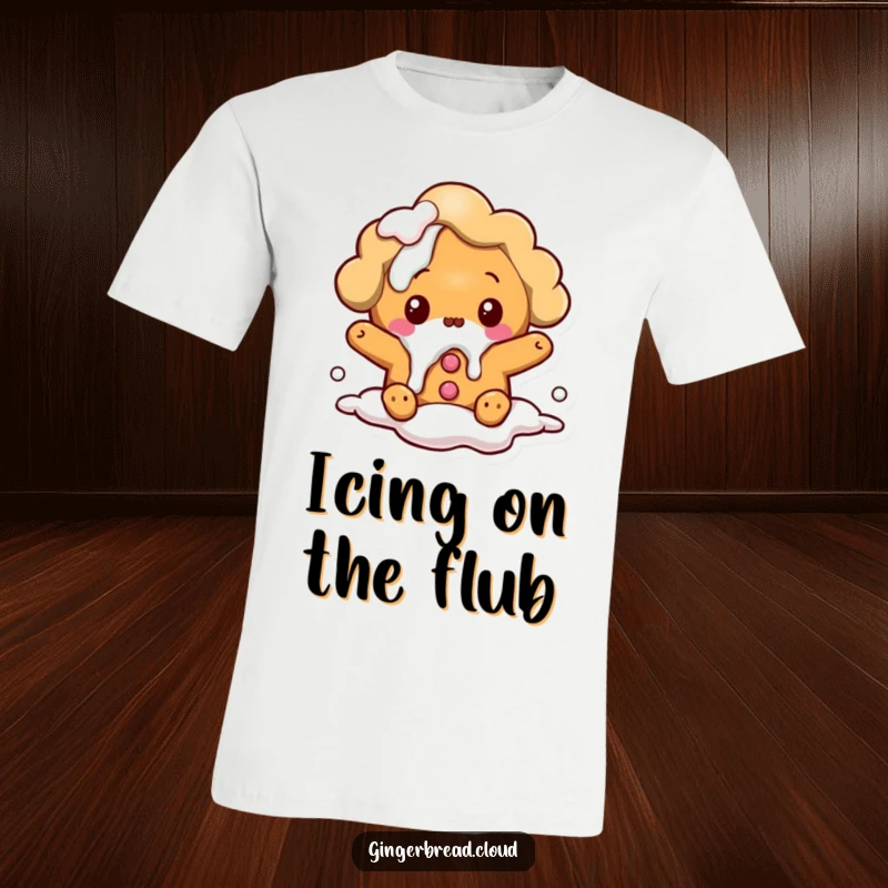 Funny t-shirt: A gingerbread cloud character expresses comical surprise while icing dramatically spills around it.