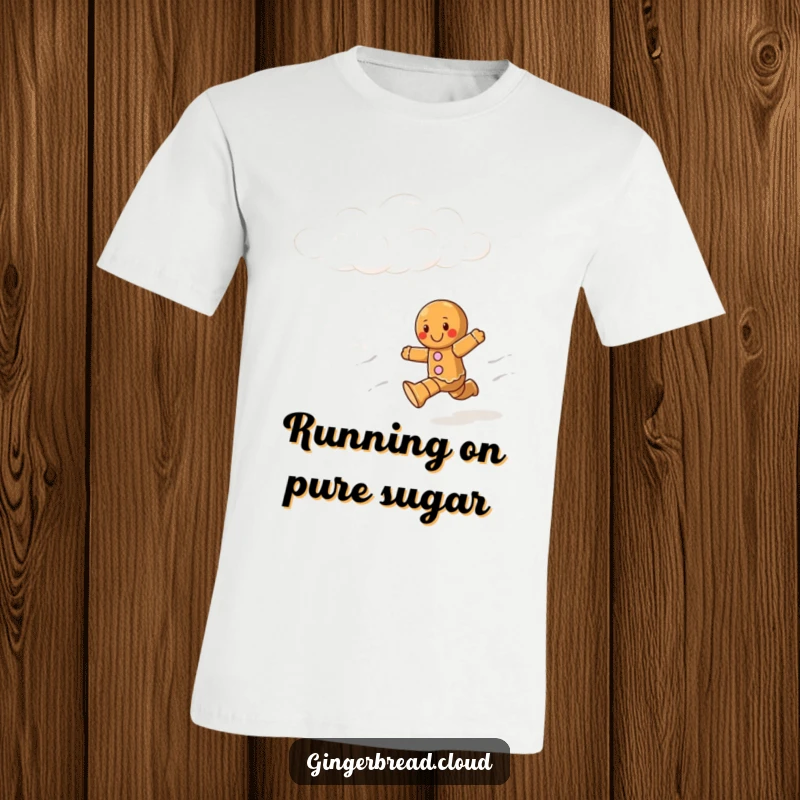Funny T-shirt graphic of a happy gingerbread man energetically running across a sky filled with soft, white clouds.