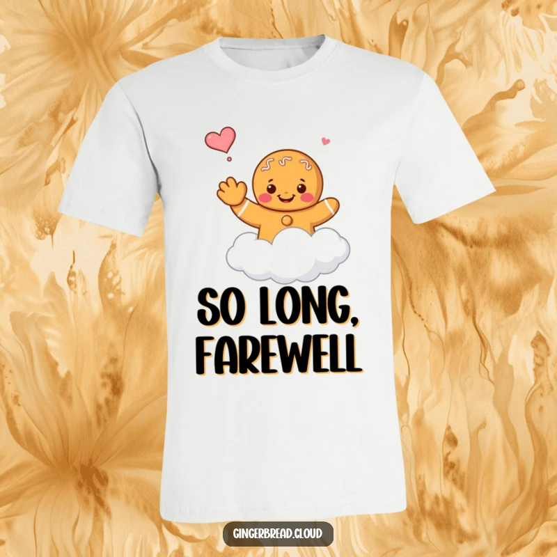 Funny gingerbread character waving goodbye, floating away on a cloud, featured on a comfortable t-shirt.