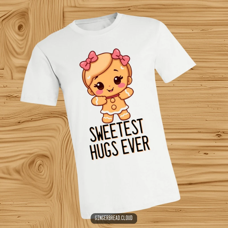 Funny happy gingerbread girl character giving a warm, sugary hug, featured on a comfortable t-shirt.