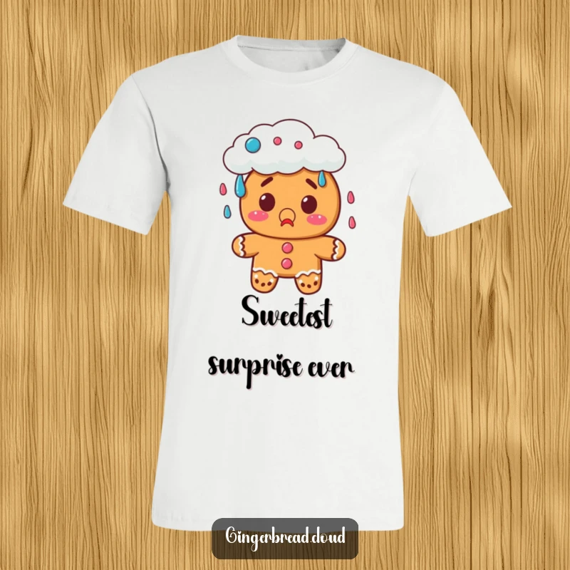 Funny gingerbread cookie t-shirt showing a surprised character witnessing a magical cloud raining colorful candy.