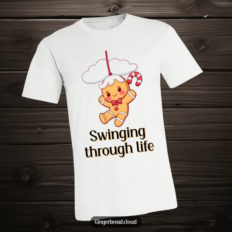 Funny gingerbread candy cane character swinging from a cloud strand, depicted on a fun t-shirt.