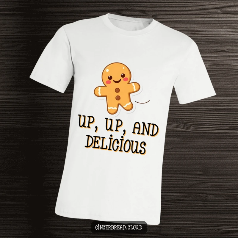 Funny t-shirt featuring a smiling gingerbread cookie being carried upwards by a whimsical gust of wind, radiating happiness.