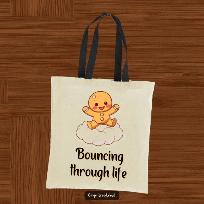 Funny gingerbread character bouncing on a fluffy cloud, printed on a durable tote bag.