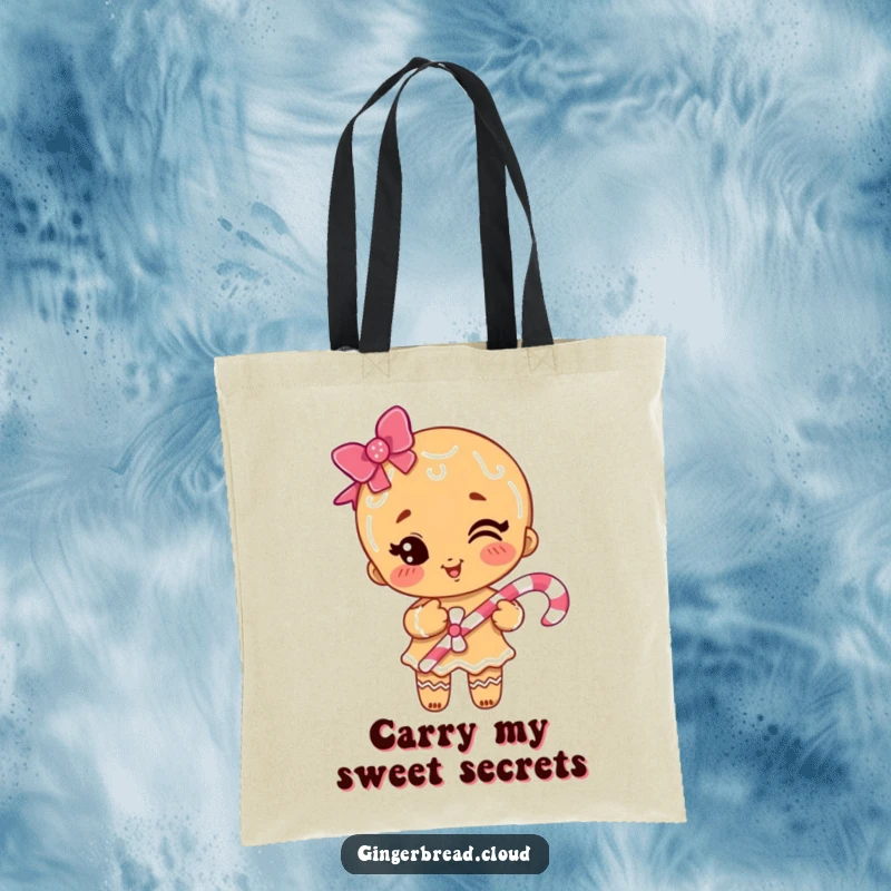 Funny gingerbread girl winks holding a candy cane, printed on a durable tote bag for stylish and humorous everyday use.