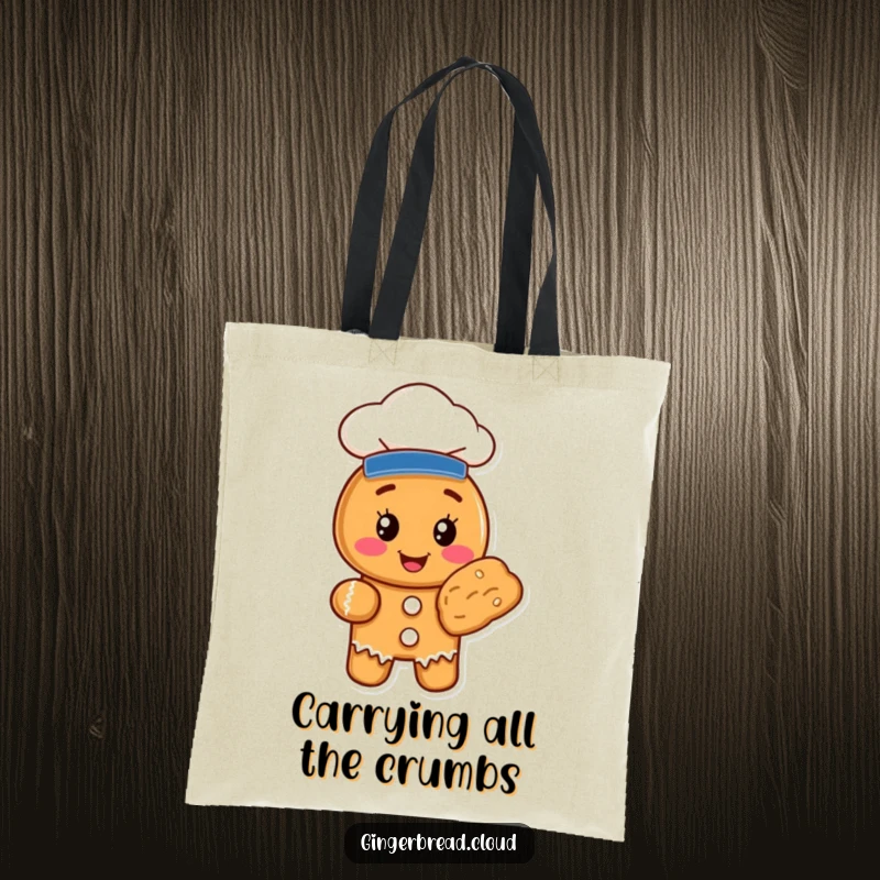 Funny gingerbread cookie chef character proudly displaying a baked item on a durable tote bag, ideal for everyday use.