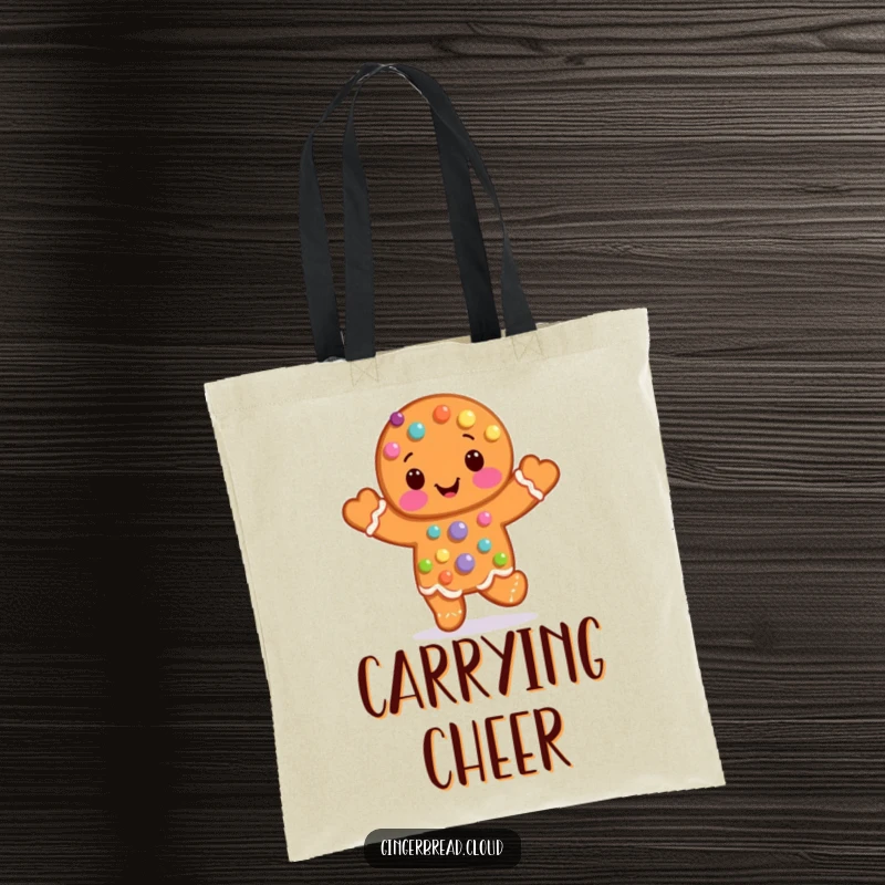 Funny Tote Bag showcasing a happy gingerbread man covered in candy dots, captured in a lively hopping motion.