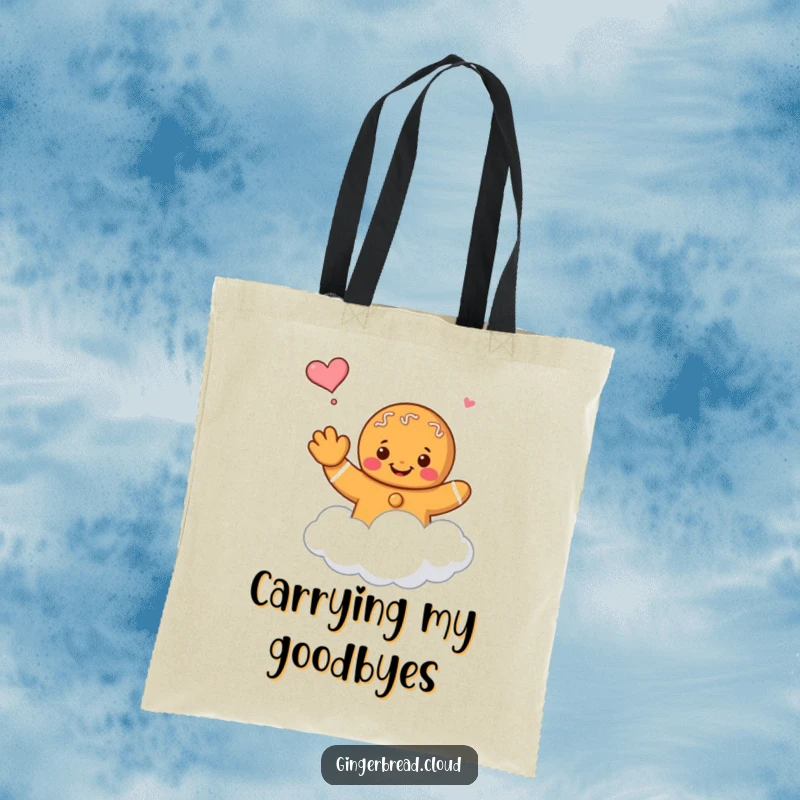 Funny gingerbread character waving goodbye, floating on a cloud, printed on a durable tote bag.