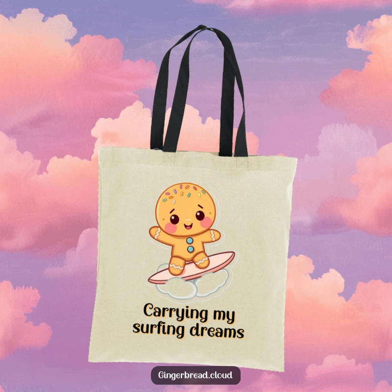 Funny Gingerbread Cookie Tote Bag: A cute gingerbread character with sprinkles surfs a cloud, making this a fun and useful tote.