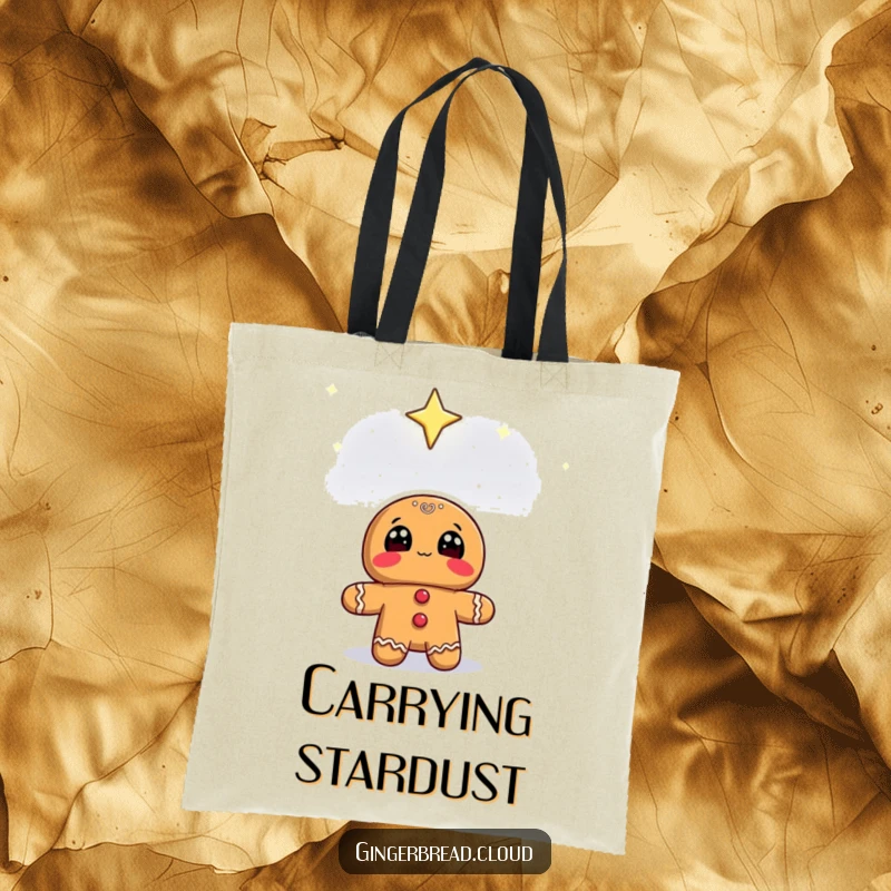 Funny gingerbread character looking up at a starry sky, printed on a durable tote bag.