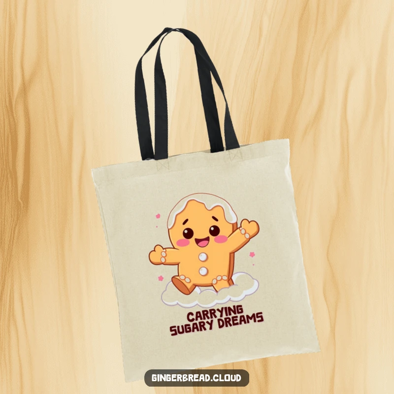 Funny gingerbread cookie tote bag showing a smiling character with icing drips bouncing happily on clouds, perfect for carrying happiness.